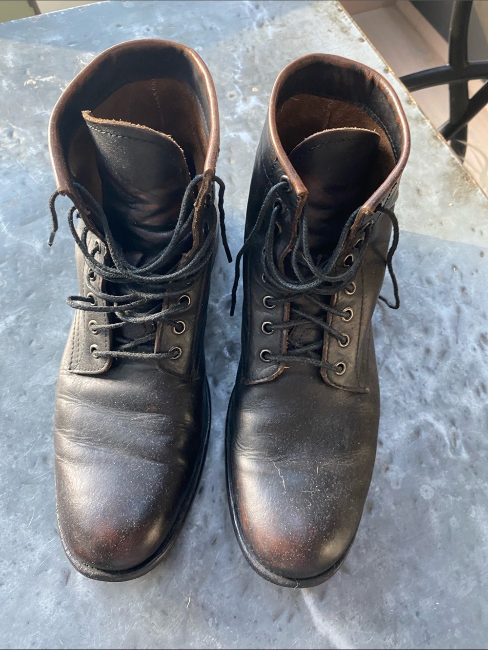 Frye Black Leather Lace-Up Boots with Brown Collar